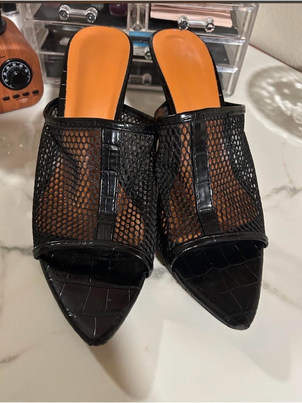 Black Mesh Pointed-Toe Mule Heels - Women